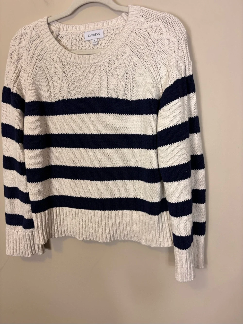 Evereve Cream & Navy Striped Cotton Cable Crew Pullover Sweater Large